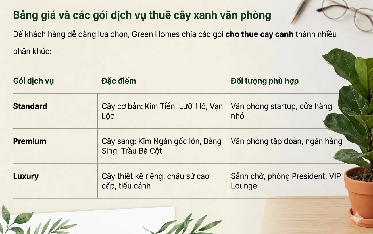 Bảng giá và các gói dịch vụ thuê cây xanh văn phòng tại Hà Nội